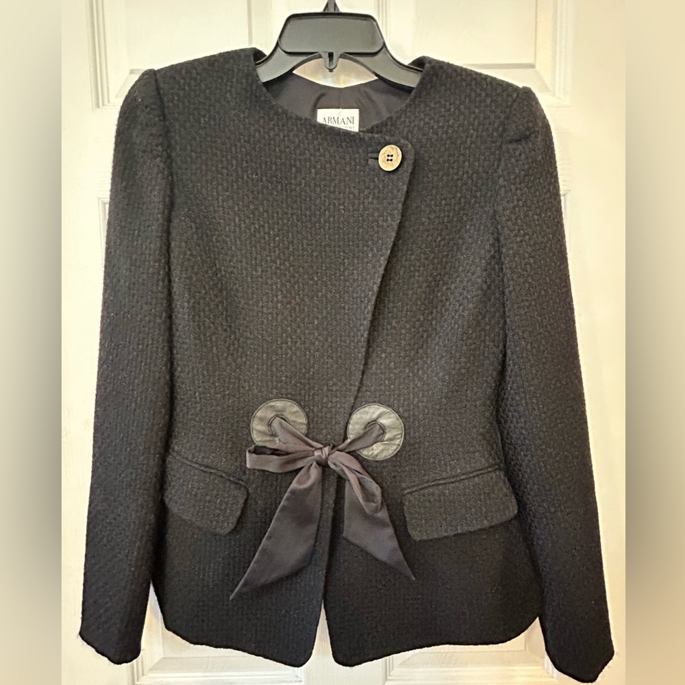 Armani Collezioni Size 4 Bow Tie Waist Navy Blue Wool Blazer Jacket